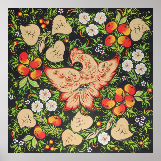 Poster Arte de pássaros-de-fogo na Rússia art khokhloma (Frente)