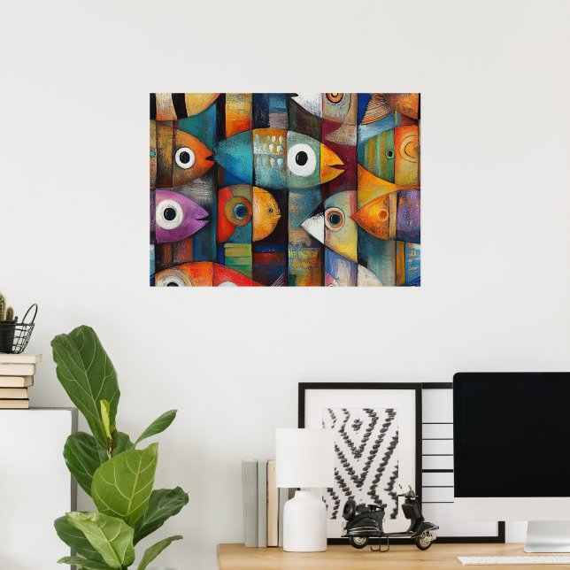 Poster Arte de Peixe Abstrato Colorido (Escritório em casa)
