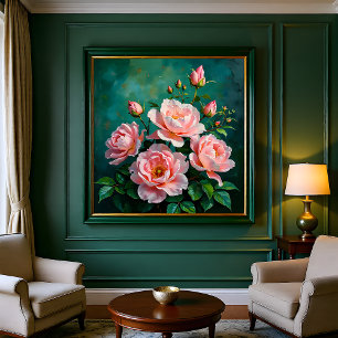 Poster Arte de Peônias Rosa em Verde Esmeralda