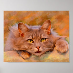 Pôster Arte de pintura a óleo em aquarela de gato marrom 
