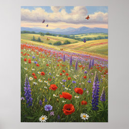 Poster Arte de pintura de paisagem de prado florido