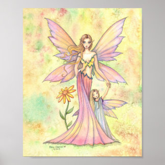 Pôster Arte de pintura em aquarela de fada mãe e filha