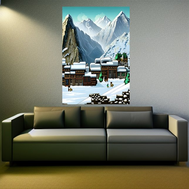 Poster Arte de Pixel, aldeia de montanha na neve | Arte A (Criador carregado)