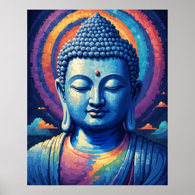 Poster Arte de Pixel Moderna com Cor Múltipla Buda Azul (Frente)
