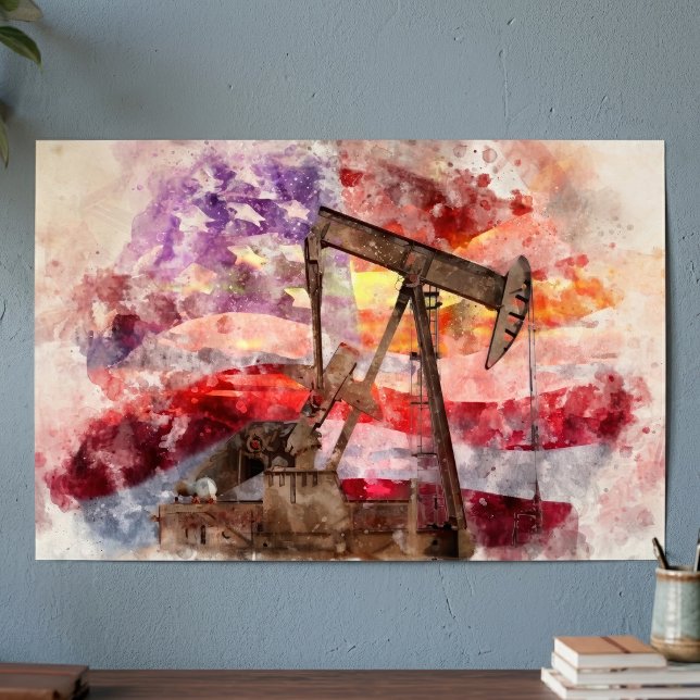 Poster Arte de pôr do sol em aquarela de Pumpjack Patriót (Patriotic Pumpjack Watercolor Sunset Art. Poster)
