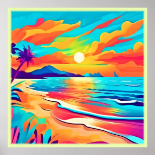 Poster Arte de Pôr do Sol Vibrante na Praia