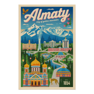 Pôster Arte de Poster de Viagem Retro de Almaty Cazaquist