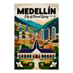 Pôster Arte de Poster de Viagem Retro de Medellín Colômbi