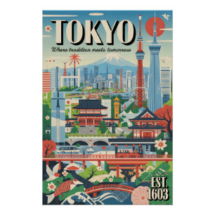Pôster Arte de Poster de Viagem Retro de Tóquio Japão