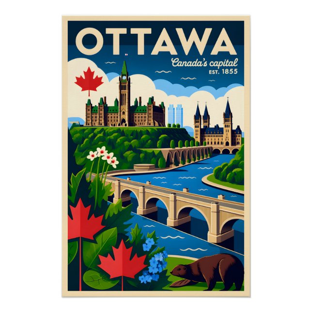 Pôster Arte de Poster de Viagem Retro Ottawa Canadá (Frente)