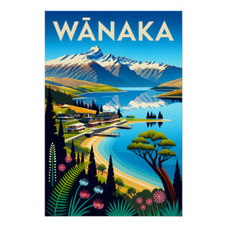 Pôster Arte de Poster de Viagem Retro Wānaka Nova Zelândi