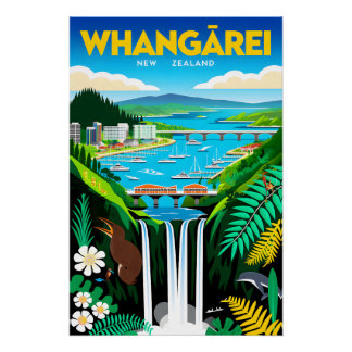 Pôster Arte de Poster de Viagem Retro Whangārei Nova Zelâ