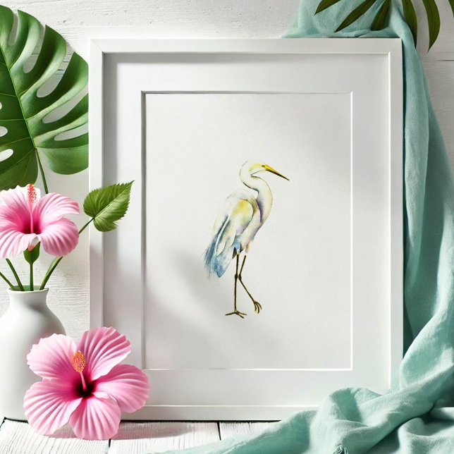 Poster Arte de Praia de Heron White Excelente Tropical (Watercolor painting by Victoria Grigaliunas great white heron beach art. Order prints. )
