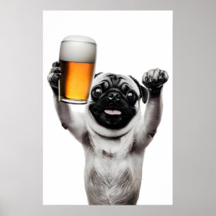 Poster Arte de Pug Engraçado Bebendo Cerveja Álcool Humor