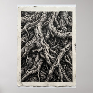 Poster Arte de Raízes de Árvore Preto e Branco