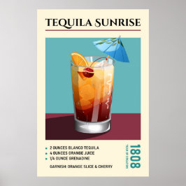 Poster Arte de Receita de Coquetel Tequila Sunrise Vintag