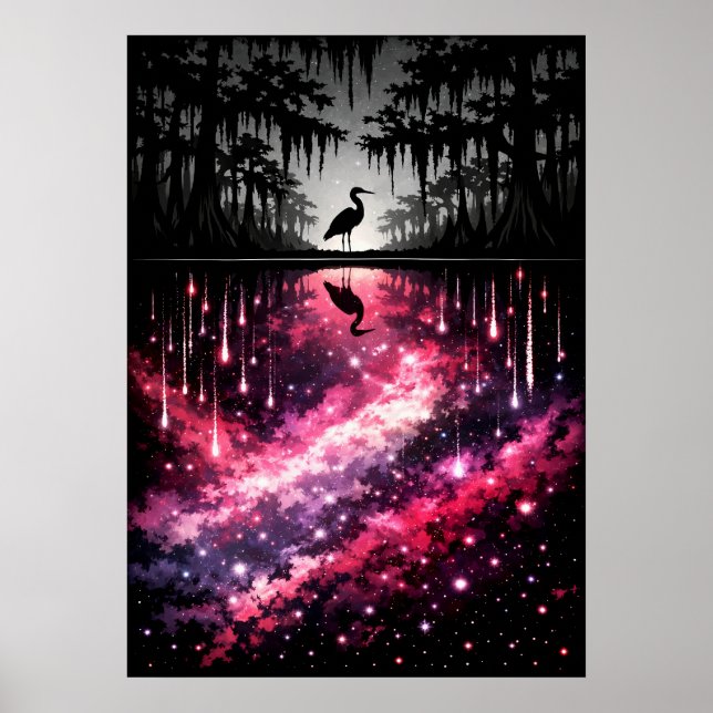 Poster Arte de Reflexão da Garça Celestial no Pântano (Frente)