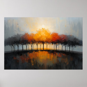 Poster Arte de Reflexos de Árvores de Outono com Pôr do S