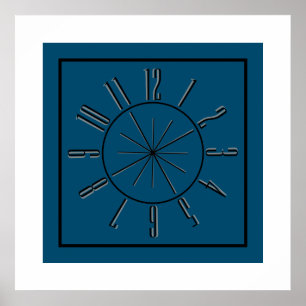 Poster Arte de Relógio e Bússola Oceano Azul, Preto e Cin