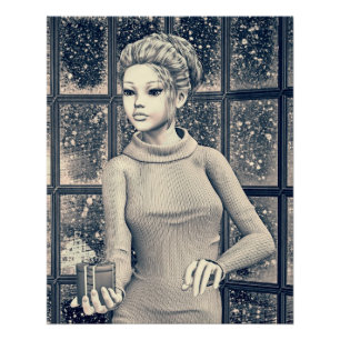 Pôster Arte de retrato de menina de férias de inverno ret