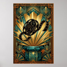 Poster Arte de Rolo de Filme Antigo Art Déco Dourado e Az