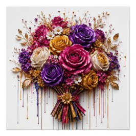 Pôster Arte de Rosa Luxuosa com Ouro e Pingos Coloridos