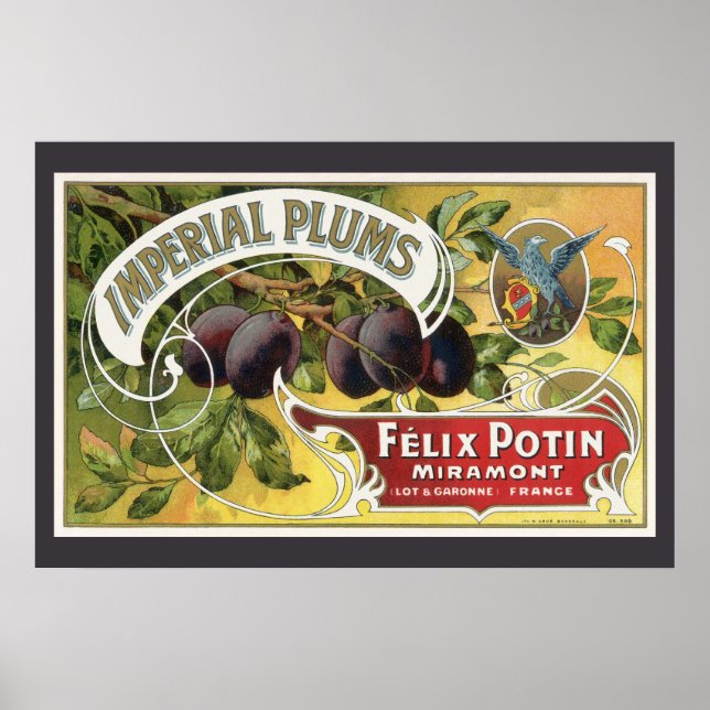 Pôster Arte de rótulo de caixa de frutas vintage, ameixas (Frente)