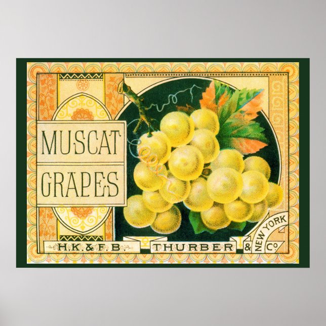 Poster Arte de rótulo de caixa de frutas vintage, uvas Mu (Frente)