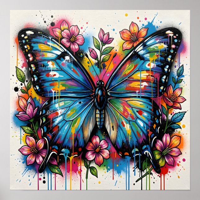 Poster Arte de Rua Grafite Grunge Borboleta Azul Morpho (Frente)