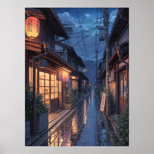 Poster Arte de Rua Japonesa com Chuva Nebulosa (Frente)