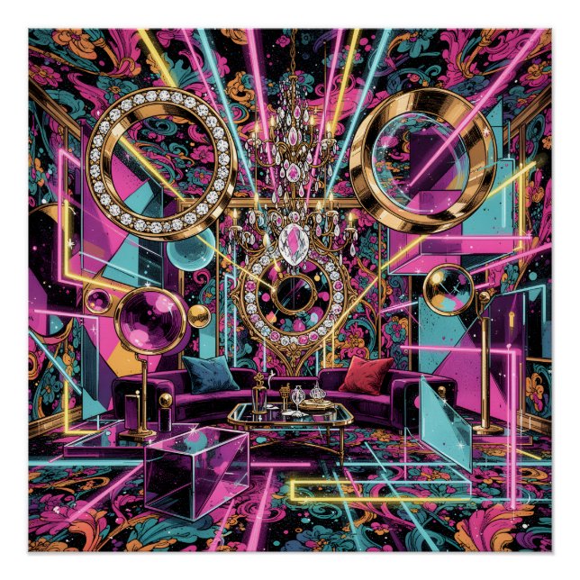 Pôster Arte de Sala de Luxo Psicodélica Neon (Frente)
