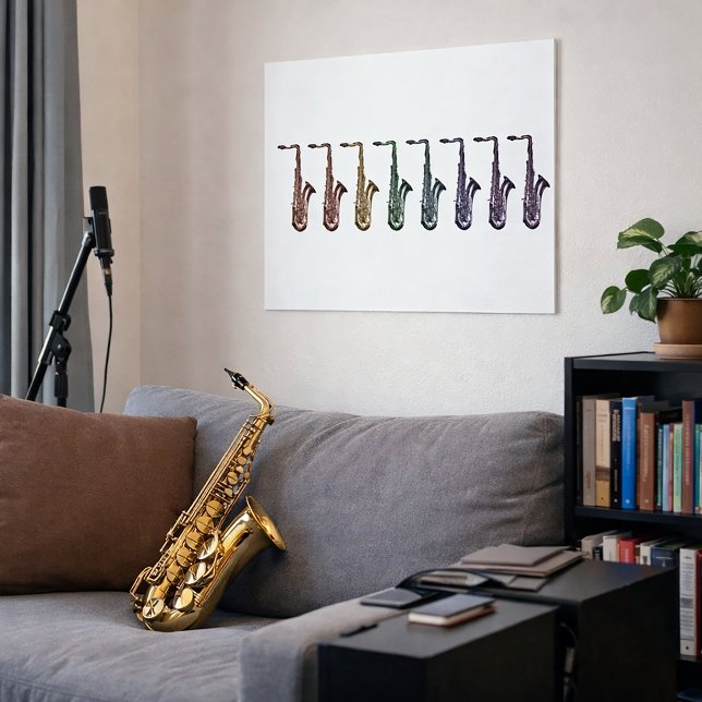 Poster Arte de Saxofone em Linha de Chuvas de Cores Músic (A poster with a lineup of rainbow saxophones.)