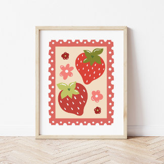 Poster Arte de selo postal de morango Coquette desenhado 