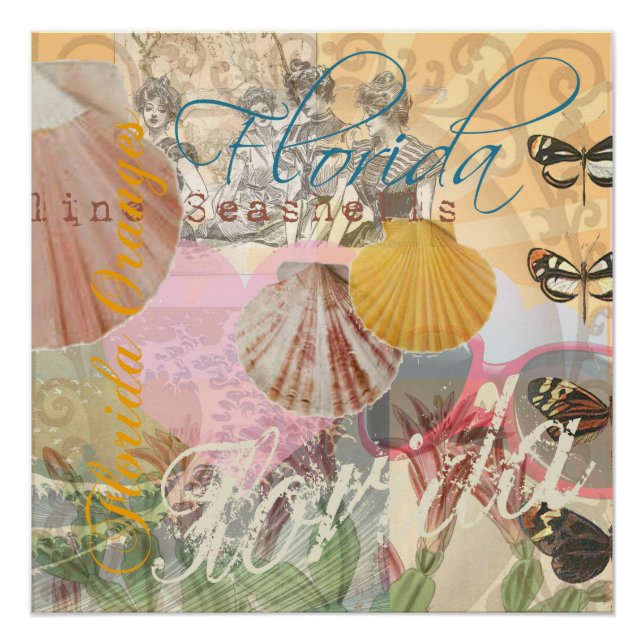 Pôster Arte de Shell de Seashell na Florida Viagens vinta (Frente)