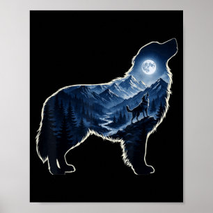 Poster Arte de silhueta de cachorro uivando na floresta m