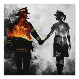 Pôster Arte de Silhueta de Casal de Bombeiro e Enfermeira