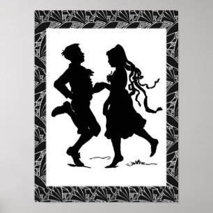 Pôster Arte de silhueta de menina e menino dançando 