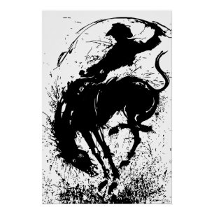 Pôster Arte de Silhueta Dinâmica de Rodeio Cowboy