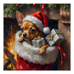 Pôster Arte de Surpresa de Meia de Natal com Cachorro Chi
