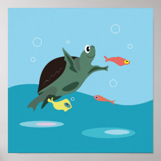 Poster Arte de Tartaruga Marinha Fofa Sob o Mar