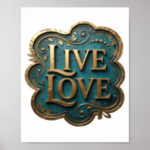 Poster Arte de texto 3D Artístico Ouro LIVE LOVE