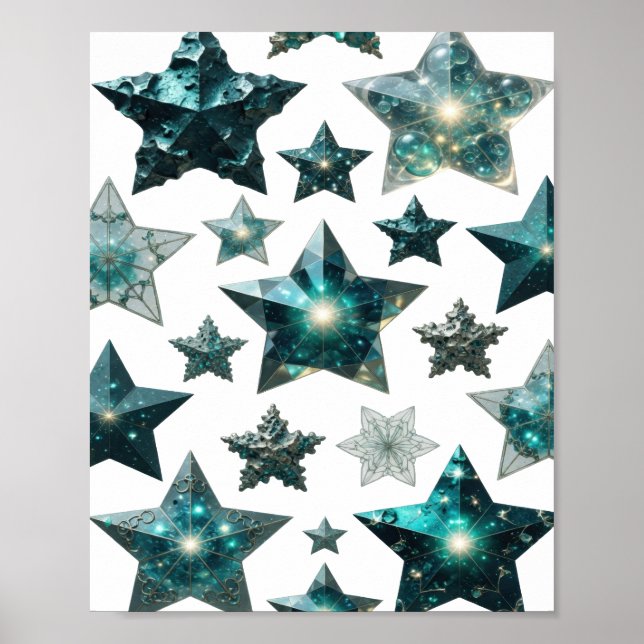 Poster Arte de texto 3D em prata da moda ESTRELAS AZUIS (Frente)