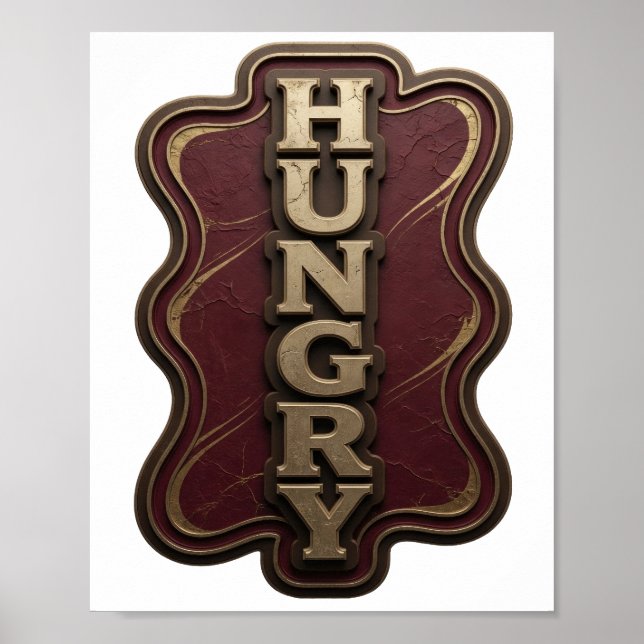 Poster Arte de Texto 3D HUNGRY em Ouro Marcante (Frente)