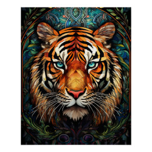 Pôster Arte de Tigre de Vidro Pintado Olhos Azuis