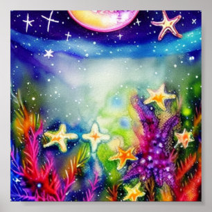Poster Arte de tinta e água de estrelas-do-mar
