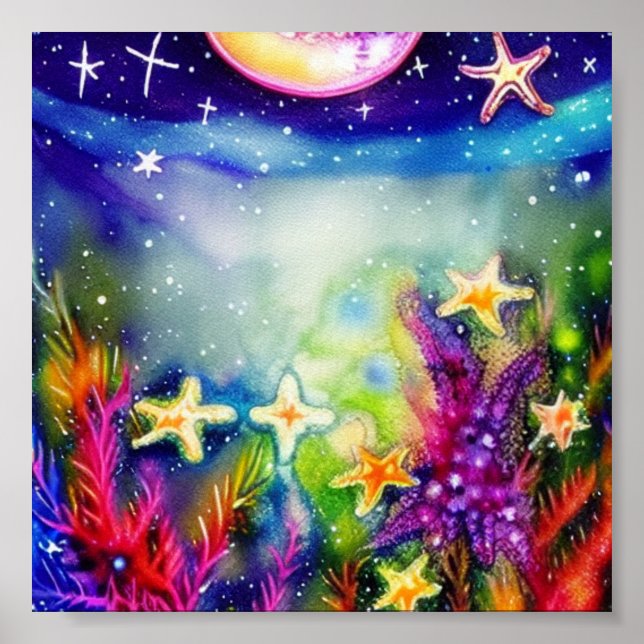 Poster Arte de tinta e água de estrelas-do-mar (Frente)