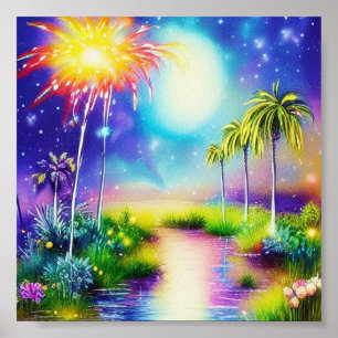 Poster Arte de tinta e água de lago tropical