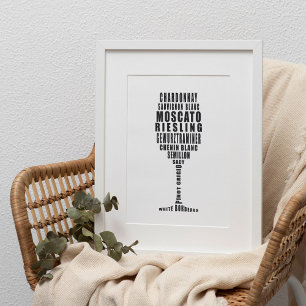 Poster Arte de Tipografia de Vinho Branco em preto e bran