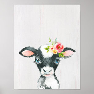 Poster Arte de Vaca Branca e Preta Floral de Cores