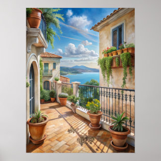 Poster Arte de Varanda Mediterrânea Ensolarada Vista para